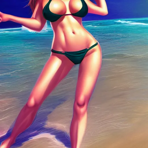 Image similar to your dream girl in a bikini on the beach drawn by artgerm