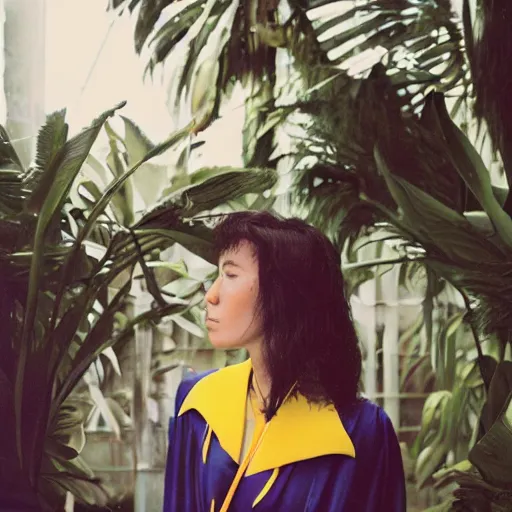 Image similar to head to shoulder portrait Polaroid film photograph of an elegant top model wearing a yellow kimono with a very detailed barn owl on her shoulder!!! in a tropical greenhouse. looking at the camera!!. super resolution. Polaroid 600 film. art by Lili Cranberrie and Cristina Fontsare