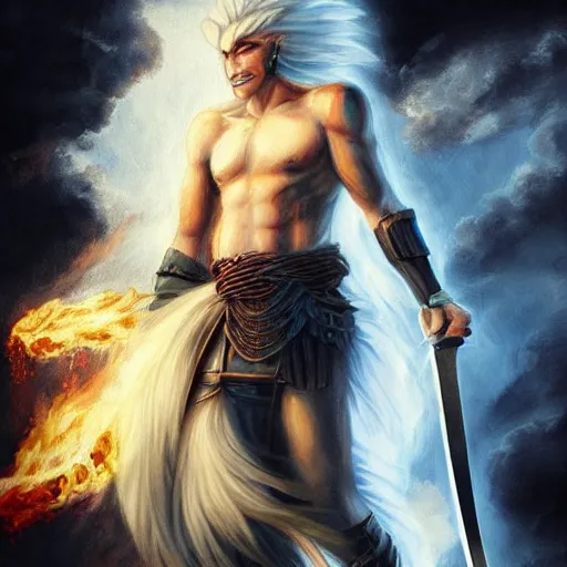 Prompt: Lionman with white hair walking away from a burning city, full body art, wielding a longsword with blue gemstones lining the blade, Painted By Anne Stokes, Dim Lighting