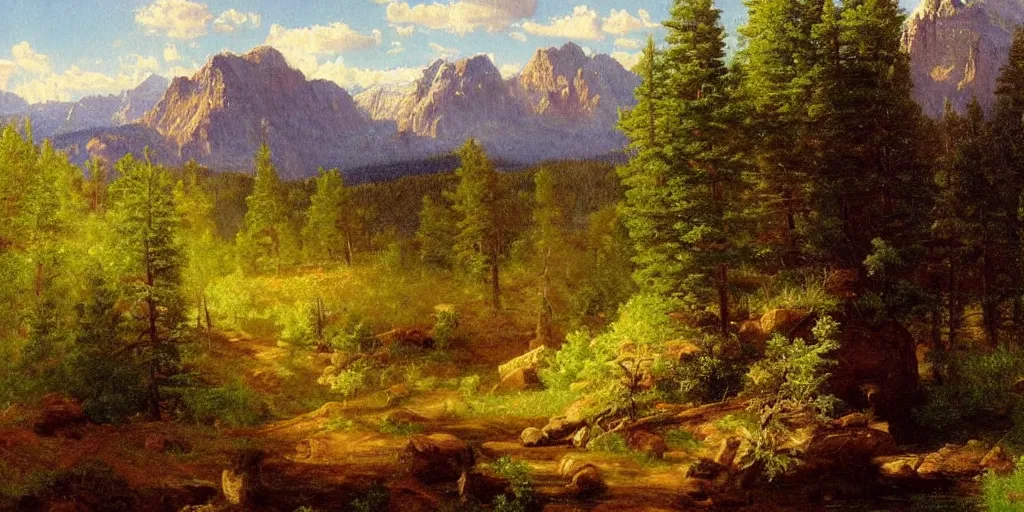 Image similar to Colorado mountains, oil painting, highly detailed, artwork, in style of Albert bierstadt