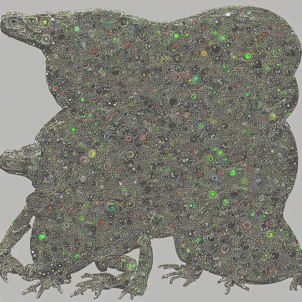 Image similar to toads, big toad, mechanical artwork, technical, abstract, acrylic, oil, circuit board, clay, lines, vektroid, dots, drips, dimensions, tears, leaks, glitches, geometry, data, datamosh, motherboard, minimal, vinyl, code, cybernetic, painting, dark, eerie, cyber