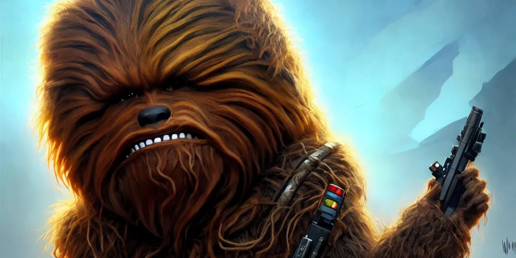 Image similar to will ferrell as chewbacca, cinematic, highly detailed, digital painting, artstation, concept art, matte, sharp focus, illustration, art by artgerm and greg rutkowski and alphonse mucha