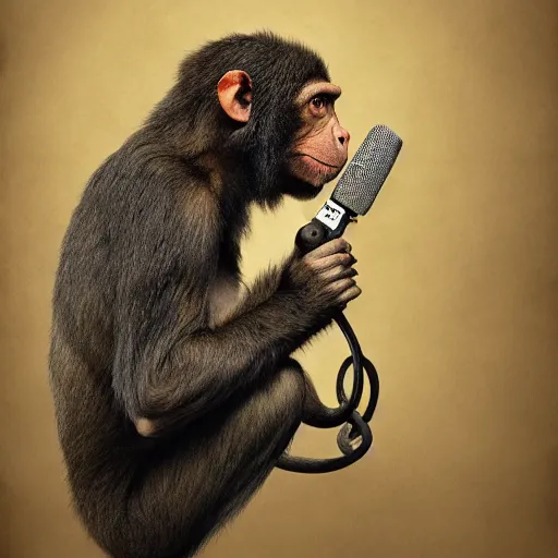 Image similar to Chimera of Joe Rogan and a monkey talking into a microphone, single subject, portrait, intricate, highly detailed, concept art, smooth, sharp focus