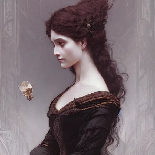 Image similar to portrait of victorian gothic lady, intricate, elegant, highly detailed, digital painting, artstation, concept art, smooth, sharp focus, illustration, art by artgerm and greg rutkowski and alphonse mucha and william - adolphe bouguereau