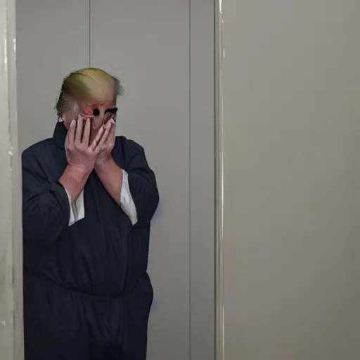 Image similar to donald trump crying in a prison cell wearing prison jumpsuit, photography, 4k