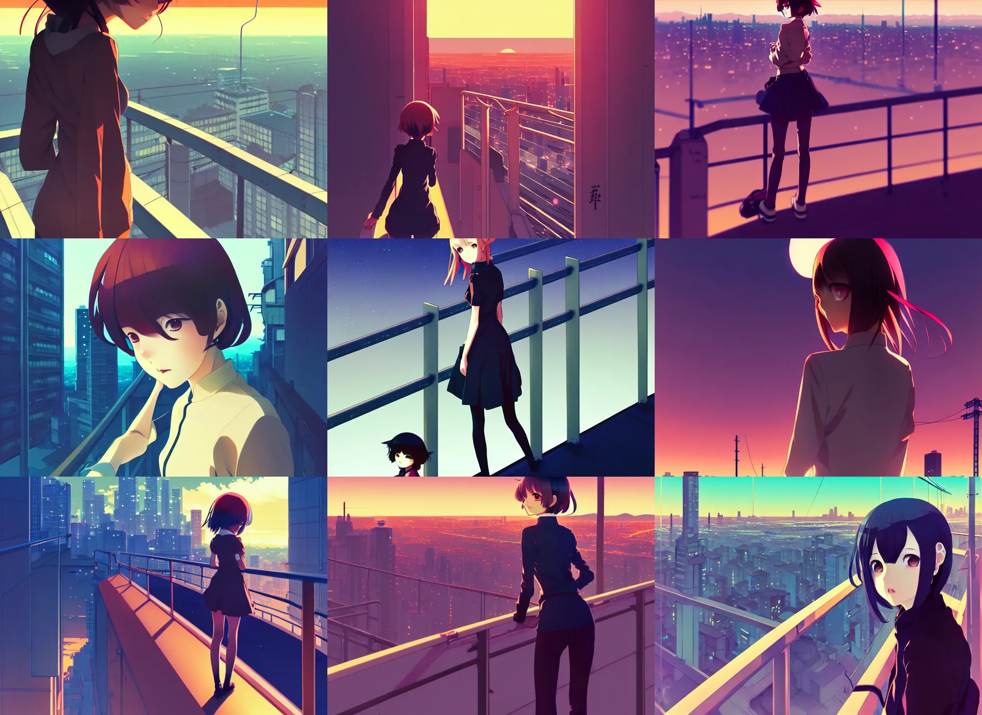 Prompt: anime visual, portrait of a young female traveler sight seeing above the city exterior, guardrails, dusk, very low light, cute face by ilya kuvshinov and yoh yoshinari, mucha, dynamic pose, dynamic perspective, strong silhouette, anime frames, rounded eyes, smooth facial features, strong contrasting shadows