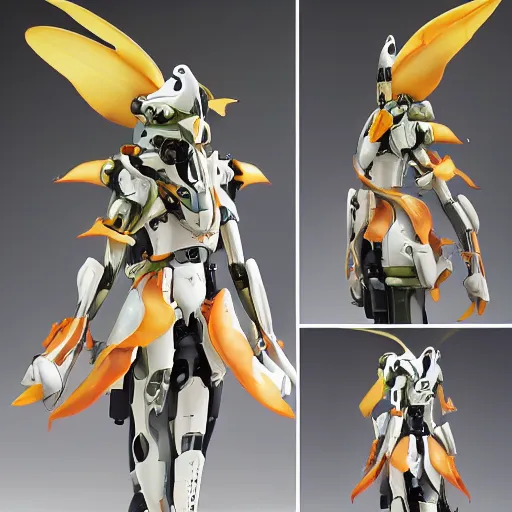 Image similar to futuristic trichosanthes mecha snake gourd body, sepals forming helmet, floral details, trichosanthes, 8 k hd resolution, barbatos gundam with floral inlay, bandai box art, star wars, makoto kobayashi, frank gehry, raymond swanland