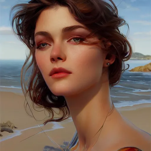 Image similar to Ultra realistic illustration, Siri Dahl at the beach, intricate, elegant, highly detailed, digital painting, artstation, smooth, sharp focus, illustration, art by artgerm and greg rutkowski and alphonse mucha