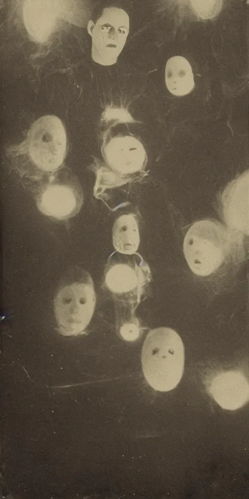 Image similar to spirit photography with glowing bulbous ectoplasm, scary reed people, sleep paralysis demon, 1 9 0 0 s, slimer, mourning family, invoke fear and dread, old photograph, daguerreotype, face of elon musk in the center