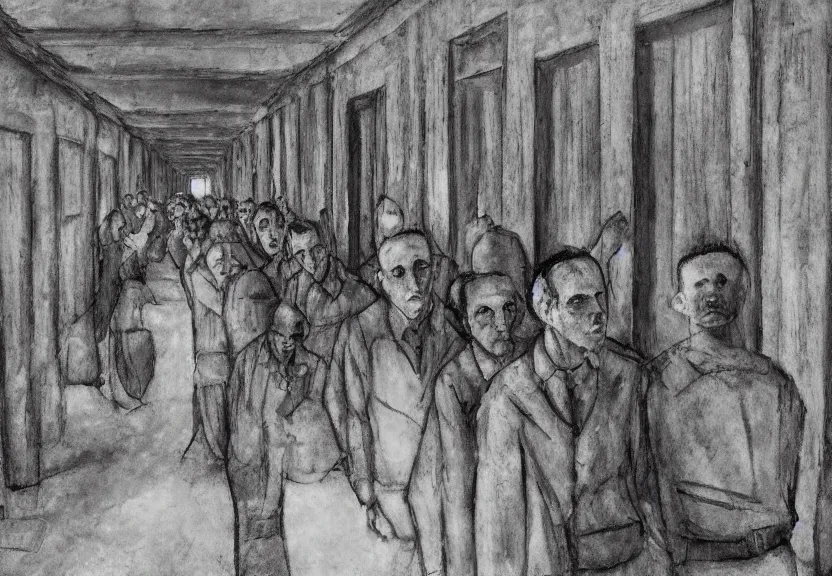 Image similar to realistic scene in auschwitz concentration camp with jewish prisoners by modigliani, dark fantasy, highly detailed, high contrast, 4 k, trending on artstation, award - winning