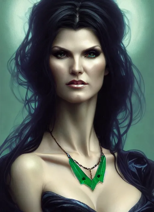 Image similar to portrait of victoria silvstedt as a sultry vampire lady, jewelry, greek, emerald, intricate, headshot, highly detailed, digital painting, artstation, concept art, sharp focus, cinematic lighting, illustration, art by artgerm and greg rutkowski, alphonse mucha, cgsociety