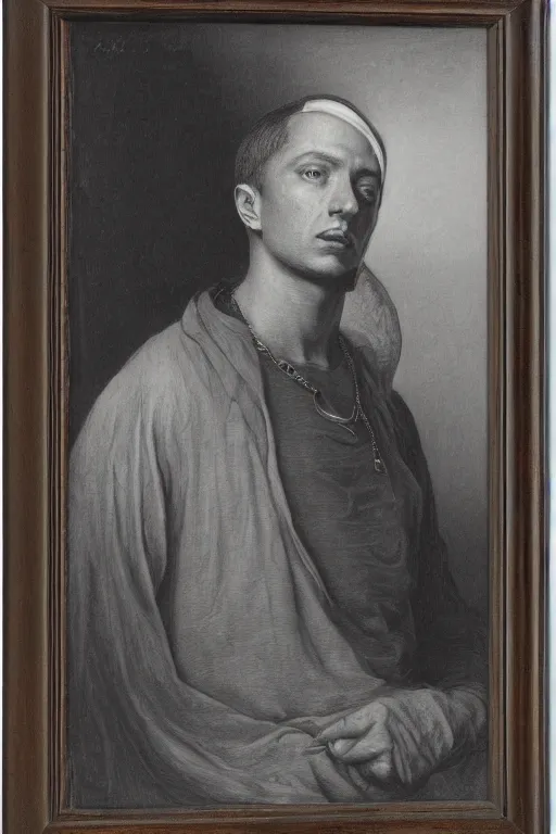 Prompt: portrait of eminem, Gustave Dore lithography