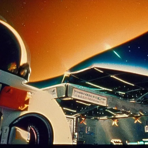 Prompt: a gas station in space, 3 5 mm film, by robert altman