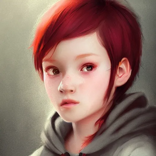 Image similar to a cute tiny girl with short red hair wearing a hoodie, digital art, very beautiful face, pretty face, very detailed eyes, full body illustration, 8 k resolution, soft painting, by greg rutkowski, wlop, rossdraws,