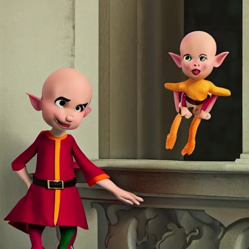 Prompt: bald demon with large horns in the style of pixar holding an brunette elf over a balcony full color