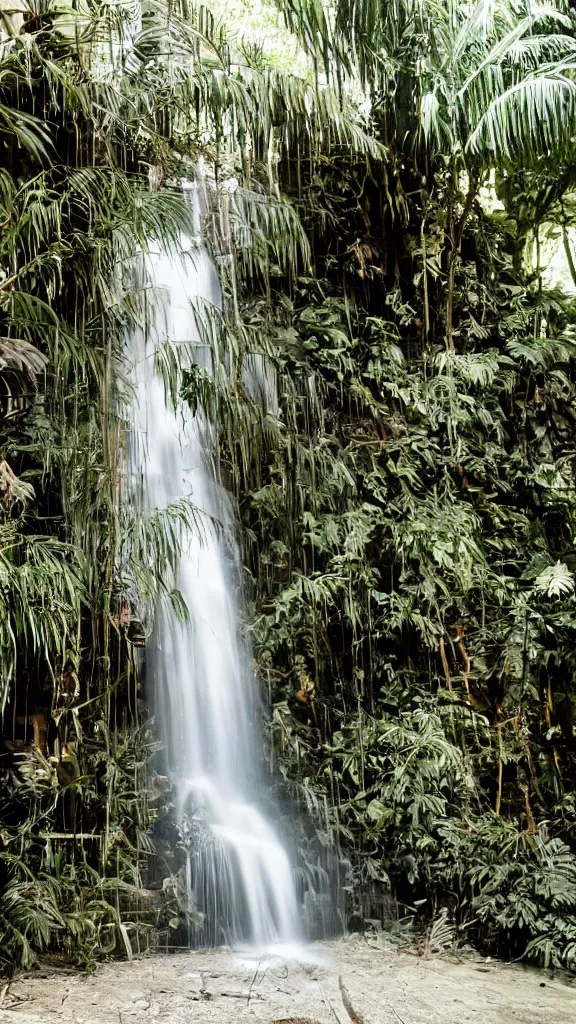 Prompt: 35mm photo of a waterfall in a decaying abandoned mall, with interior potted palm trees, indoor, dappled sunlight, faded colors