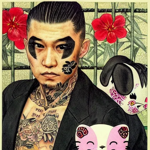 A Frontal portrait of a heavily tattooed Yakuza gang