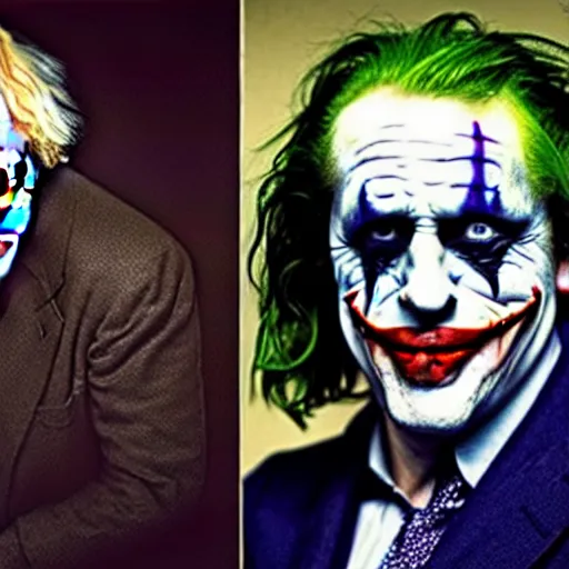 Image similar to uhd photorealisitc candid photo of boris johnson as the joker. correct makeup. correct face, accurate face. photo by annie leibowitz and steve mccurry