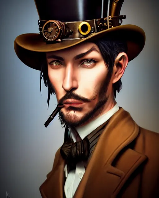 Image similar to steampunk male portrait, handsome, steampunk hat, detective coat, steampunk monocle, hyper realistic 3 d render by ilya kuvshinov, peter mohrbacher, greg rutkowski, ryohei hase, dramatic lighting, intricate, highly detailed, sharp focus, luminous, unreal engine, blender, artstation, masterpiece, ray tracing