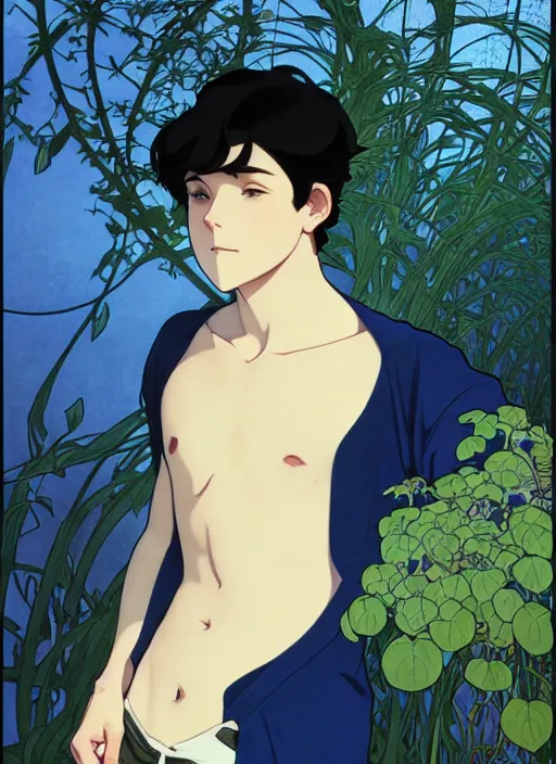 Prompt: handsome young man with short black hair, male, dressed in blue, looking down, half body shot, arms down, path traced, highly detailed, high quality, digital painting, by studio ghibli and alphonse mucha, leesha hannigan, hidari, art nouveau, chiho aoshima, posuka demizu, atey ghailan