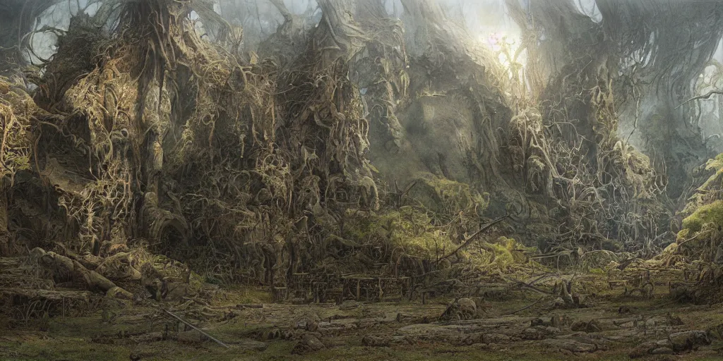 Image similar to Artwork by John Howe of the cinematic view of Hunting Grounds of the Unspeakable