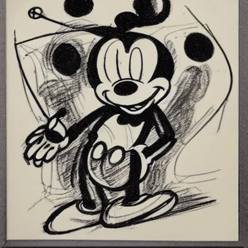 Image similar to mickey mouse playing with a skull first sketch, original drawing, 1 9 3 0, walt disney sketch