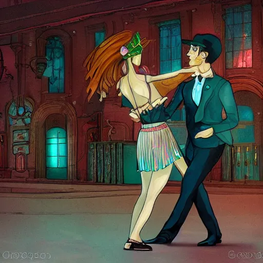 Image similar to a dancing couple in a future city, highly detailed, fantasy art