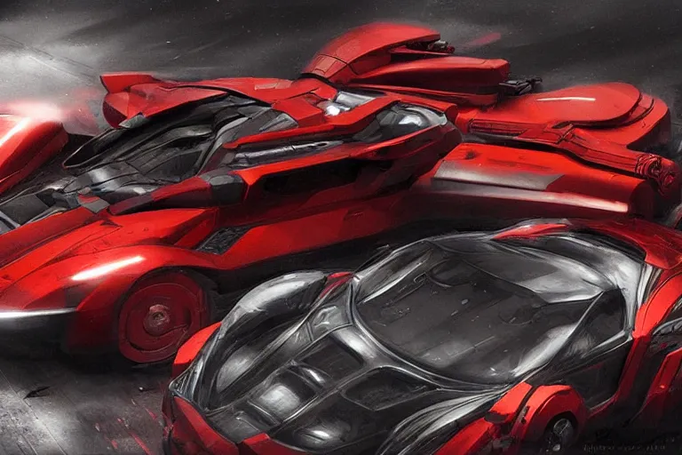 Image similar to a single armored scifi ferrari in the style of bladerunner and alternate car one, car concept, car Design, sid mead, alex ross, intricate Details, concept art, matte painting, highly detailed, rule of thirds, dynamic lighting, cinematic, detailed, denoised, centerd, clean render