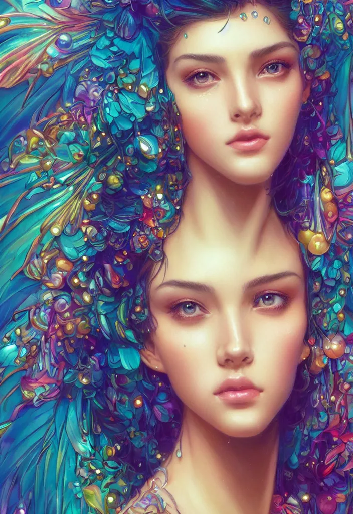 Image similar to beautiful, young woman, detailed gorgeous face, vaporwave aesthetic, synthwave, colorful, psychedelic, crown, water drops and feathers, artstation, concept art, smooth, extremely sharp detail, finely tuned detail, ultra high definition, 8 k, unreal engine 5, ultra sharp focus, illustration, art by artgerm and greg rutkowski and alphonse mucha