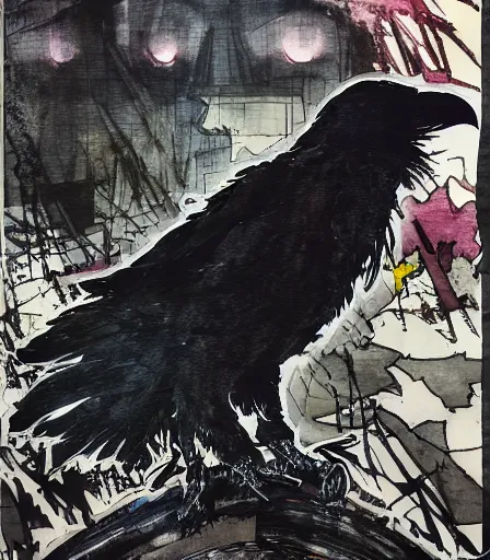 Prompt: Yoji Shinkawa's 'a raven at night', ink and colours on silk, trending on pixiv, zoomed out, monochrome, watercolour