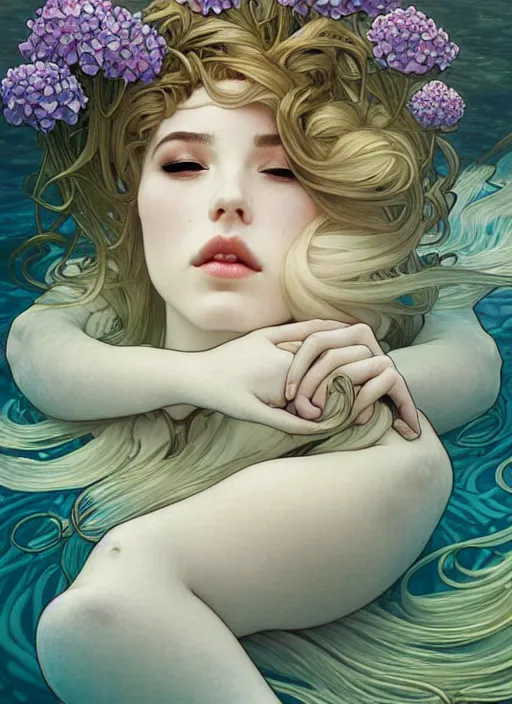 Prompt: an underwater photographic portrait of a seductive sleeping anthropomorphic hydrangea blossom, a perfect face!!!, fantasy, art nouveau, intricate, elegant, very very highly detailed, digital painting, artstation, concept art, smooth, super sharp focus, illustration, art by artgerm and h r giger and alphonse mucha