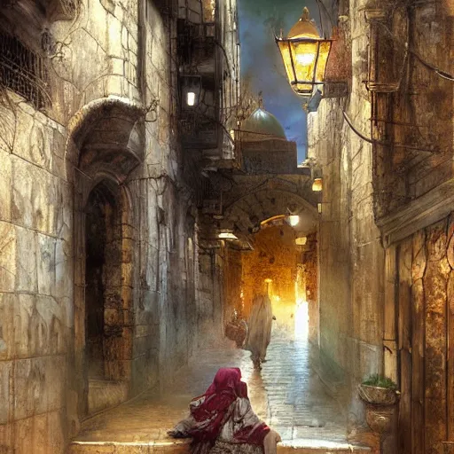 Prompt: the old city of jerusalem by raymond swanland, highly detailed, bright tones