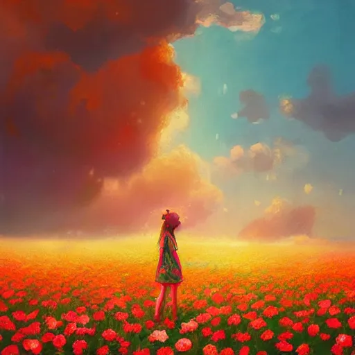 Image similar to large rose as a head, girl frontal in a flower field, surreal photography, sunrise dramatic light, impressionist painting, colorful clouds, digital painting, artstation, simon stalenhag