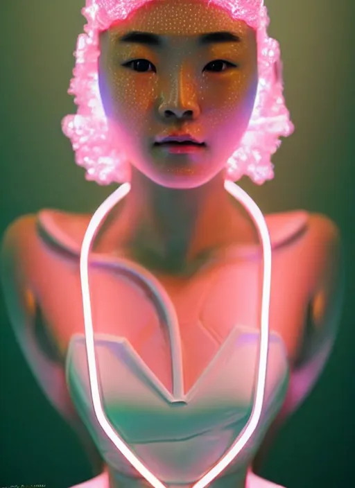 Image similar to japanese female humanoid with freckled cheeks, cyber neon lighting, retro futurism, intricate futuristic led lit jewelry, retro futuristic glossy white latex swimwear, profile posing, hyper photorealistic, crispy quality, digital photography, trending in artstation, trending in pinterest, cinematic, 4 k ultra hd, art by pascal blanche, art by greg rutkowski,