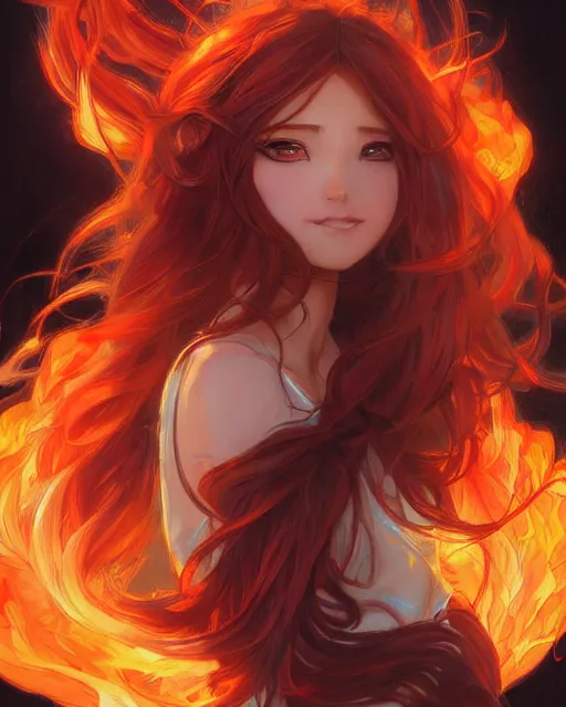 Image similar to beautiful long haired anime girl, fire dress, portrait, flames everywhere, highly detailed, digital painting, artstation, concept art, smooth, sharp focus, illustration, art by artgerm and greg rutkowski and alphonse mucha