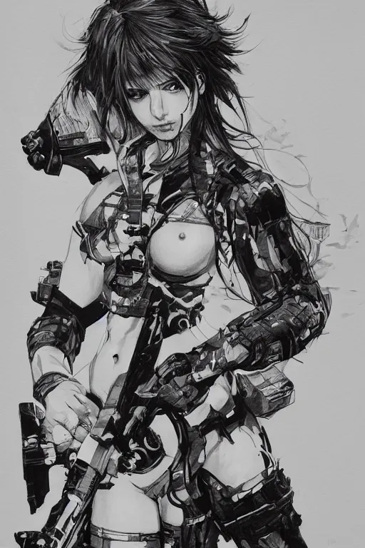 Prompt: a beautiful drawing of an attractive woman wielding a chainsaw, highly detailed, by yoji shinkawa, featured on artstation, body shot