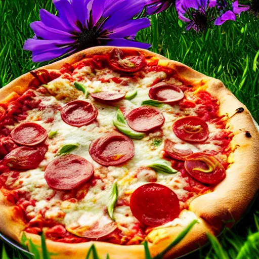 Prompt: A slice of pizza laying on a nice flowery field, realistic, ultra high detail, 8k, close up.