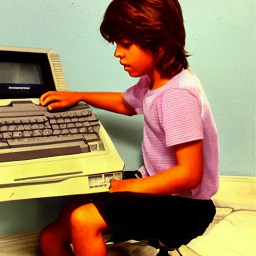 Prompt: lisa james portrait of kid playing on his commodore 64, 1984