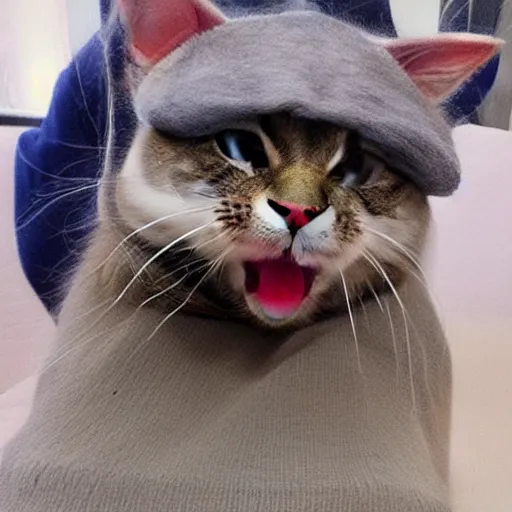 Image similar to cute cat with tongue photo wearing wool hat doing mlem cat ears