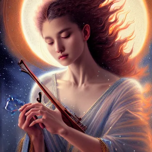 Prompt: a high quality life like portrait of a very very beautiful! celestial goddess of life playing a mystical violin and springing life into the universe, highly detailed, intricate, sharp focus, fantasy, mystical, dreamlike, by WLOP and greg rutkowski