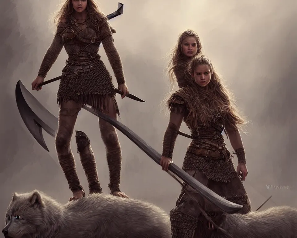 Image similar to gorgeous!! hyper - realistic woman resembling alicia vikander as a battle - worn viking warrior wielding a giant axe | standing next to a dire wolf | intricate, highly detailed, digital painting, character design, character concept art | drawn by wlop, drawn by jeehyung lee, drawn by artgerm, drawn by peter kemp