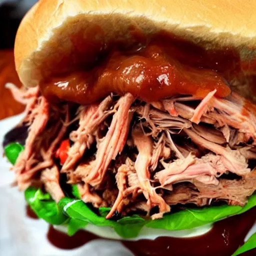 Prompt: pulled pork sandwich that looks like a monster, with eyes and shark teeth, drooling barbecue sauce