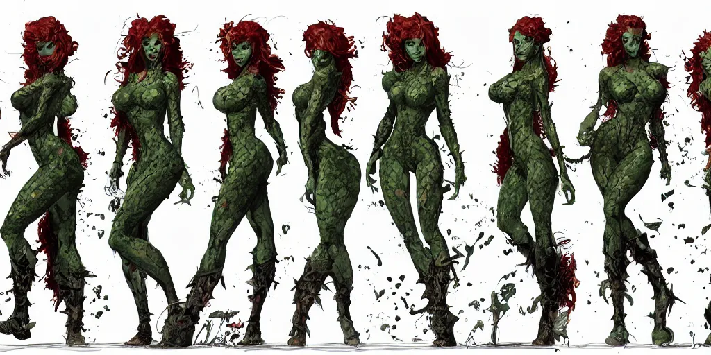 Prompt: poison ivy, character sheet, concept design, contrast, kim jung gi, greg rutkowski, zabrocki, karlkka, jayison devadas, trending on artstation, 8 k, ultra wide angle, pincushion lens effect