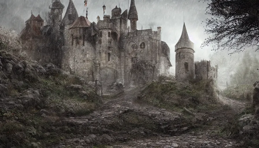 Image similar to Abandoned medieval village with a castle at rainy day, muddy road, grey sky, hyperdetailed, artstation, cgsociety, 8k