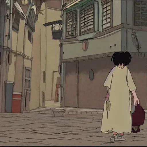 Image similar to a spirit looking for a hug, screenshot from the film spirited away by studio ghibli, lonely and sad, in a busy marketplace, sad