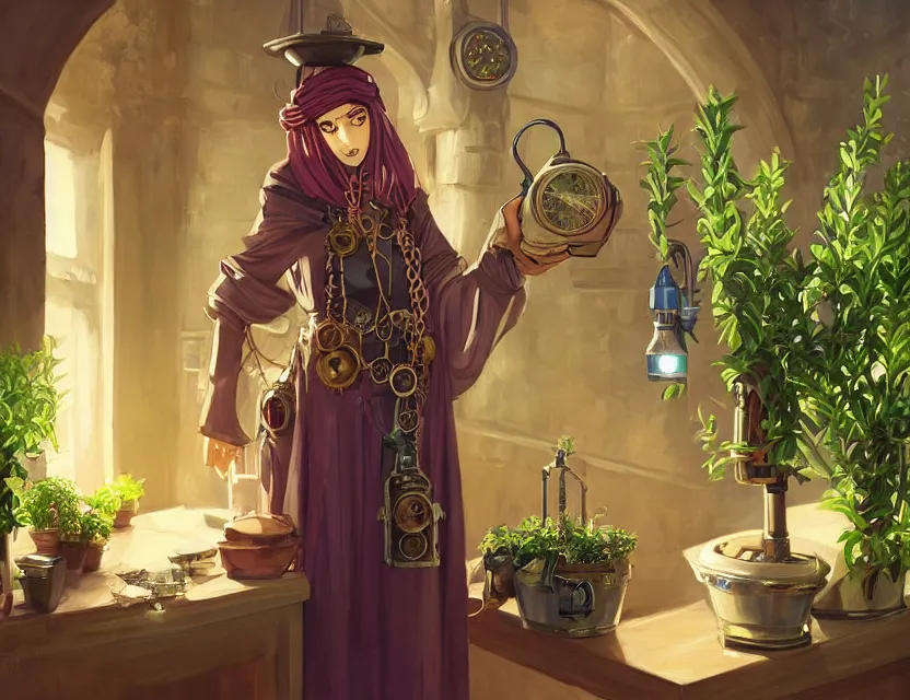 Image similar to middle eastern scifi alchemist in a well lit study with potted plants, wearing a lovely dress with steampunk details. this oil painting by the award - winning mangaka has an interesting color scheme and impeccable lighting.