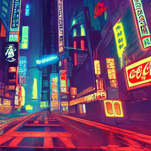 Image similar to a cyberpunk city with crazy neon coca - cola signs in an apocalyptic atmosphere, photorealistic, 4 k