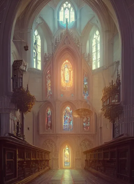 Image similar to highly detailed church, stephen bliss, unreal engine, greg rutkowski, loish, rhads, beeple, makoto shinkai and lois van baarle, ilya kuvshinov, rossdraws, tom bagshaw, alphonse mucha, global illumination, radiant light, detailed and intricate environment