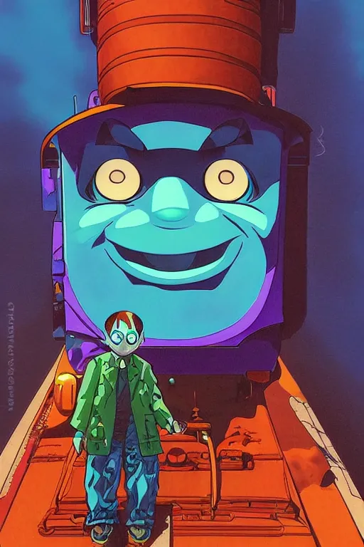 Image similar to concept art painting of a demonic thomas the tank engine, artgerm, moebius, inio asano, toon shading, cel shading, calm, tranquil, vaporwave colors,