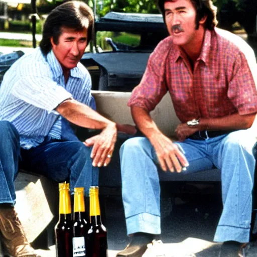 Image similar to randy mantooth and kevin tighe drunk, sitting by a dumpster drinking beer, many empty bottles lie around them